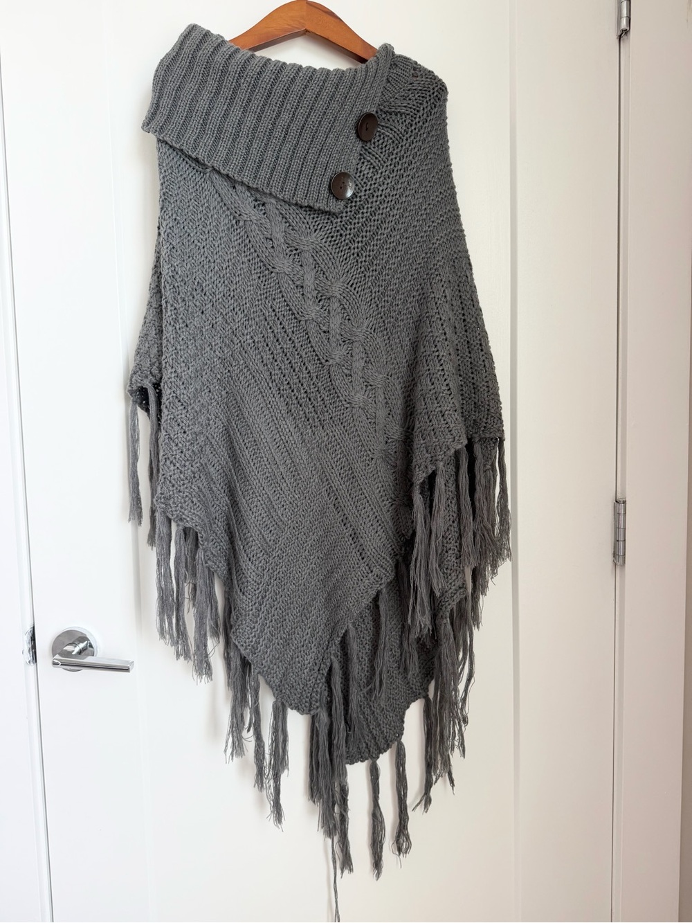 Gray Knit Fringe Poncho Sweater with Button Collar One Size